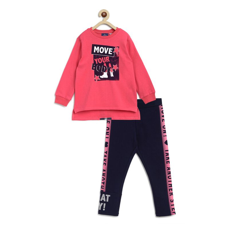Girls Dark Blue Printed Sweatshirt with Leggings Set image number 0